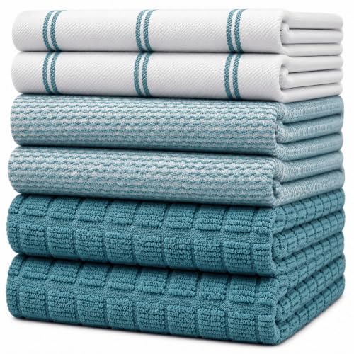 Image of Premium Kitchen Towels (20 inchx 28 inch, 6 Pack) | Large Cotton Dish Towels | Flat & Terry Highly Absorbent Kitchen Linen Set with Hanging Loop | Teal Check