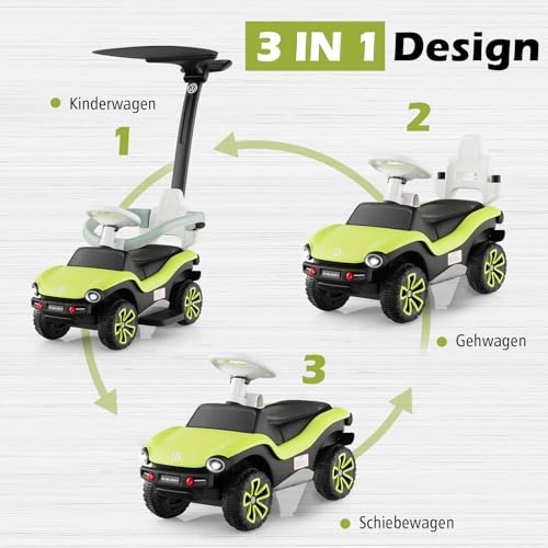 DREAMADE Rutschauto für Kinder, Volkswagen Rutscher mit 3-stufig Verstellbarem Schiebegriff, Verdeck, Geländer, Scheinwerfer, Hupe & Musik, 3-in-1 Rutschfahrzeug für Kinder 1-3 Jahren – Bild 3