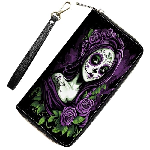 Womens Wallet,RFID Blocking Large Capacity Clutch,Zip Around Leather Purse with 8 Card Slots,Bill Compartments Coin Pocket - Day of the Dead Sugar Skull Women