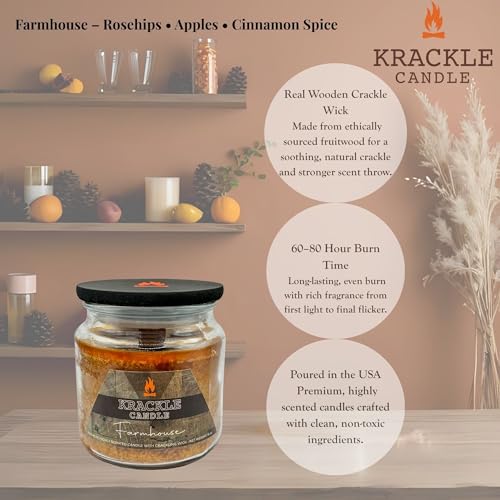 Image of Krackle Candle | Farmhouse | 16 oz Scented Candle with Natural Crackling Wooden Wick | Poured in the USA | Rosehips, Apples & Cinnamon Spice Fragrance