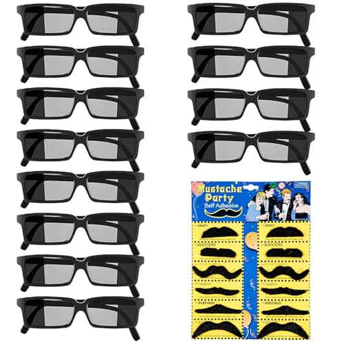 Idota Agentenbrillen Rückansicht Agent Brille, 12 Stück Detektiv Brille+12 Selbstklebende Künstliche Schnurrbärte, Spy Brille Partybrillen Spionagebrille für Kinder und Erwachsene Geburtstagsfeier
