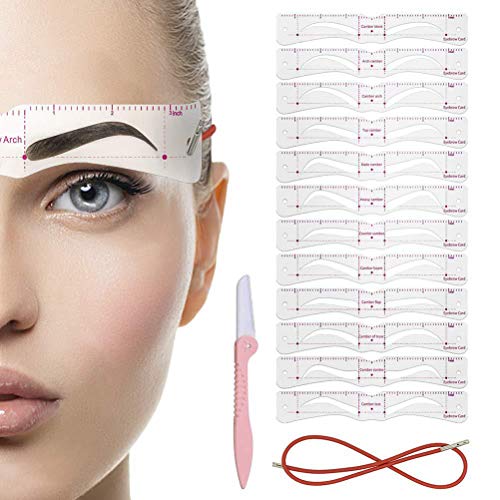 Eyebrow Stencil, Reusable 12 Styles Eyebrow Shaper Kit, Eyebrow Template with Strap & Eyebrow Razor, 3 Minutes Makeup for 98% Face Shapes - Makeup Beginner Essentials