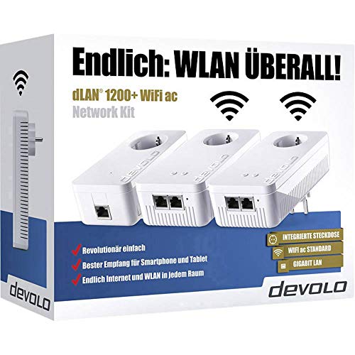devolo dLAN 1200+ WiFi ac Powerline Network Kit (1200 Mbit/s WLAN ac, WLAN Verst&auml;rker, 2x LAN Ports, 3x Powerlan Adapter, ideal f&uuml;r Online Gaming und HD-Streaming, Powerline WLAN, WiFi Move) wei&szlig;