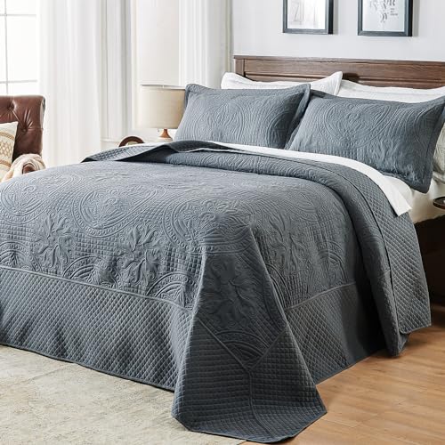 Qucover Oversized King Quilt 120x120, 3 Piece California King Size Bedspread, Soft Microfiber Lightweight Coverlet, Ultrasonic Quilting Vintage Pattern, Dark Grey