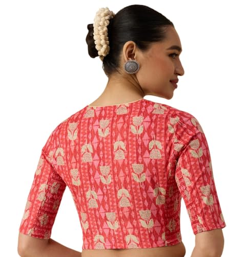 Image of Studio Shringaar Women's Cotton Printed Side Stretch (Smocked) Readymade Saree Blouse