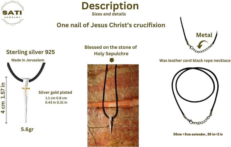 Silver Cross Necklace for Men – 925 Sterling Silver Jerusalem Nail Cross Pendant with Gold-Plated Detail on Black Leather Cord | Christian Faith & Valentine’s Day Gift for Him - Image 5