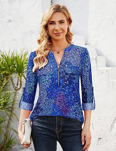 Image of Bulotus 3 /4 Length Sleeve Womens Striped Tops Zipper V Neck Collared Blouses Business Casual Tunics 2026 Spring Trendy