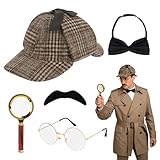 LYPPUL Set di 5 Accessori per Costume da Detective, Accessori per Costume da Sherlock Holmes, Accessori per Travestimento da Detective con cappello Detectiveocchiali Falsi Baffi, Papillon, Cosplay