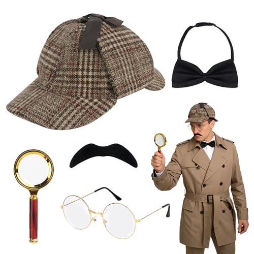 LYPPUL Detektiv Kostüm Zubehör Set 5 Stück Sherlock Holmes Kostüm Accessoires Detektiv Cosplay Requisiten Inklusive detektivhut Lupe Brille Krawatte & Bart für Halloween Cosplay Partys