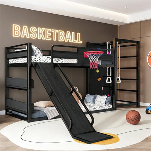 Image of Bellemave Bunk Bed Twin Over Twin with Slide, Basketball Hoop & Climbing Wall, Heavy Duty Metal Twin Bunk Beds for Kids with Guardrails, Low Bunk Bed for Bedrooms, No Box Spring Needed, Black