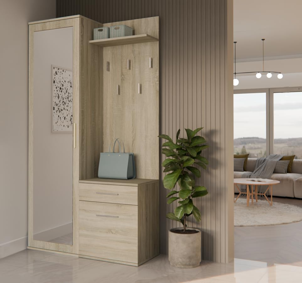 BDW Set di 5 appendiabiti con specchio, armadio con anta e cassetto, stile moderno, 180 x 100 x 35 cm (rovere Sonoma)
