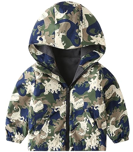 Happy Cherry Toddler Boy Zipper Hoodie Fleece Lining Windbreaker Kid Baby Long Sleeve Hooded Coat Zipper Jacket Casual Printed Dinosaur Jacket Outwear 2-3T