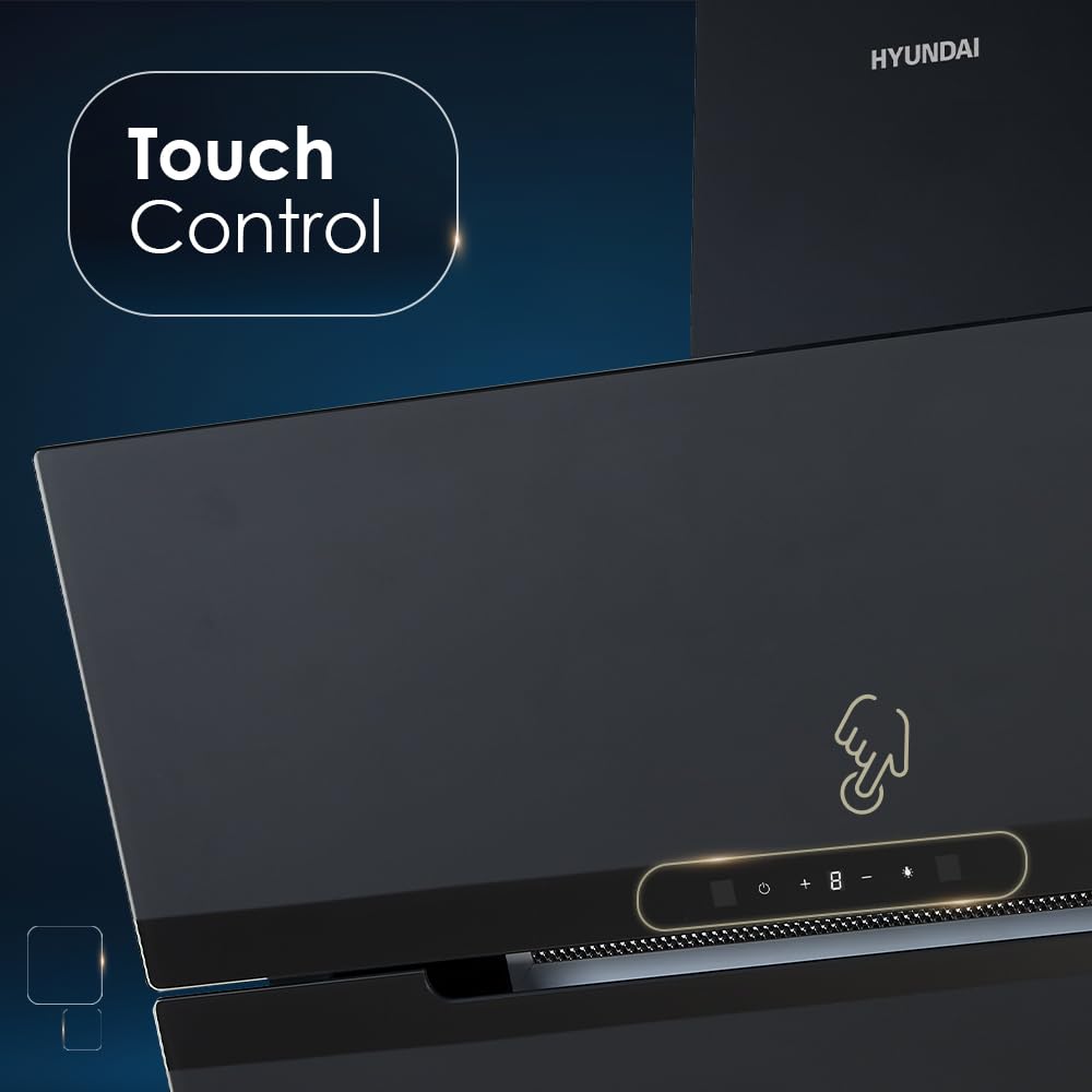 Hyundai Campana Extractora Decorativa Inclinada 60cm, Cristal Negro, HCDE60DCB00. Potencia 831m3/h, 3 Velocidades, 2 Filtros, 64 dB Nivel Sonoro, Control Táctil, Filtros aptos para Lavavajillas