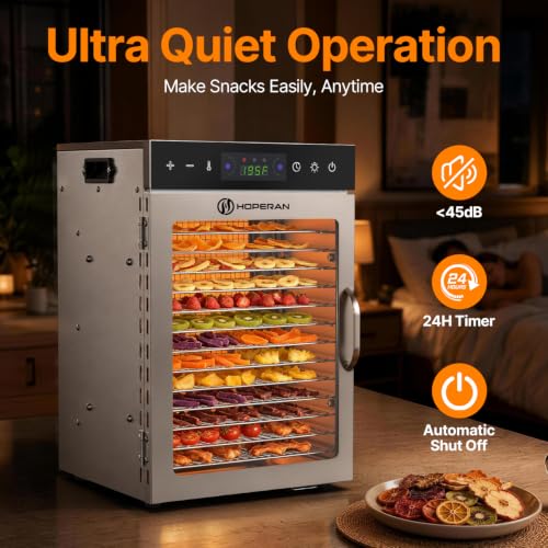Image of HOPERAN 14 Tray Food Dehydrator Machine for Jerky, Fruit, Herb & Dog Treats | Stainless Steel, Digital Temperature & Timer Control, 2 Fans 800W, Quiet <48dB, Including 2 Mesh Screens & 1 Fruit Roll Tray