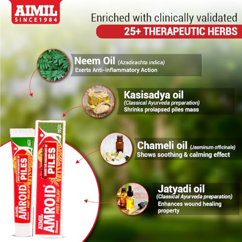 Image of AIMIL Amroid Ayurvedic Ointment - 20g (Pack of 2) | Natural Soothing Cream for Anal Comfort and Discomfort Relief | Fast-Acting Herbal Formula with Nagkesar & Nirgundi to Cool Swelling and Itching (Pack of 6)