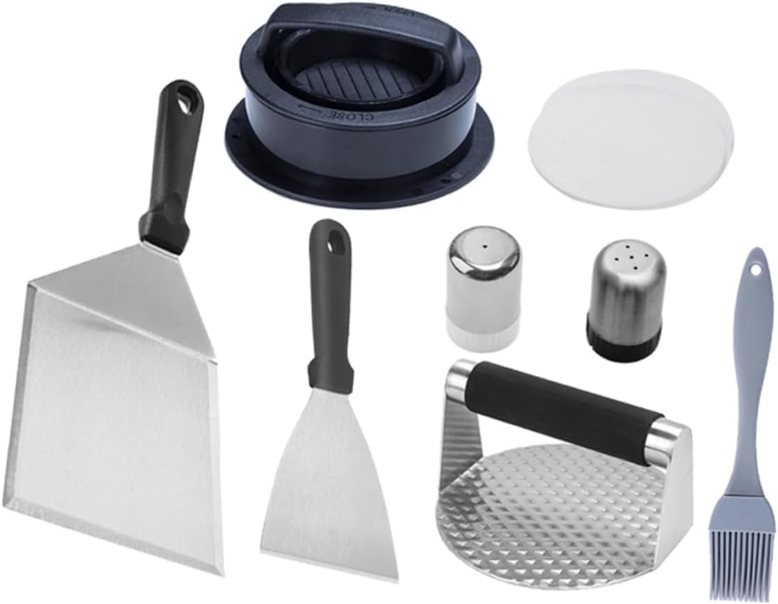 VOSAREA 1set Stainless Steel Burger Press Kit Multi-Functional Spatula and Basting Brush for Outdoor Grilling Camping and Cooking Essential BBQ Tool
