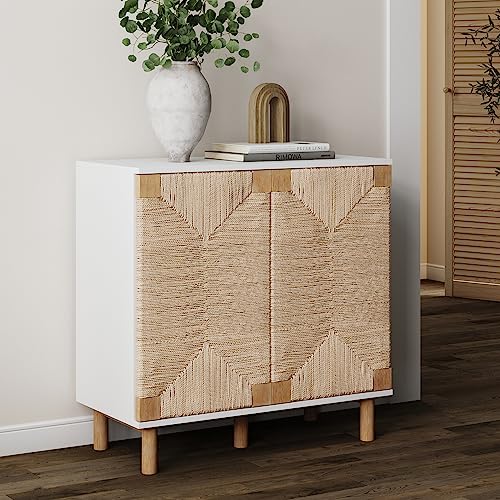 Image of Nathan James Beacon Accent Natural Sideboard Storage Cabinet with Adjustable Interior Shelf and Seagrass Doors, for Hallway, Entryway or Dining Room, Light Brown /White