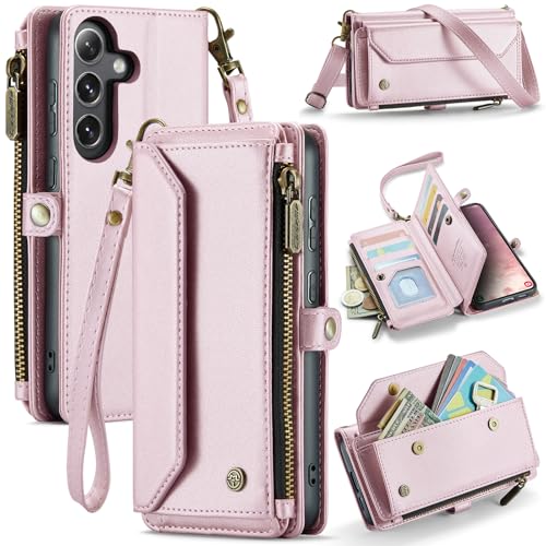 WAWZ for Samsung Galaxy S25 FE Case, Women Men Multi-Function Wallet Case with Stand RFID Blocking Featuring Magnetic Closure Zipper Includes Shoulder Strap Wrist Strap (Pink) by WAWZ - Used condition - CA$17.48