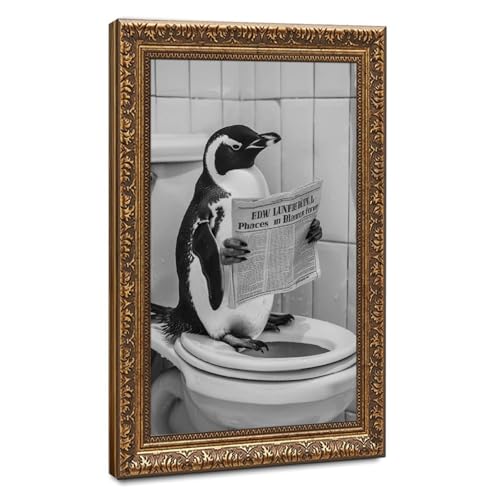 Impression sur toile pingouin aux toilettes, idée cadeau originale pour une pendaison de crémaillère