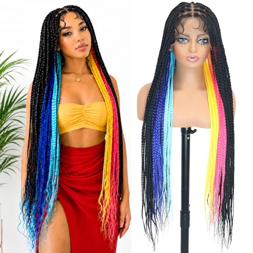 ItsUHair Colorful Full Lace Braided Wig 36inch Long Knotless Synthetic