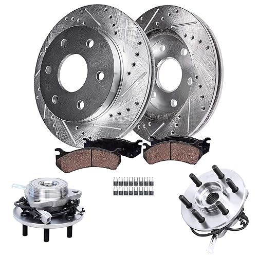 Image of Detroit Axle - 4WD Front Wheel Bearing Hubs Brake Kit for 2000 2001 2002 | Dodge Dakota Durango [4-Wheel ABS] Drilled & Slotted Brake Rotors Ceramic Brake Pads Wheel Bearing Hubs Assembly Replacement