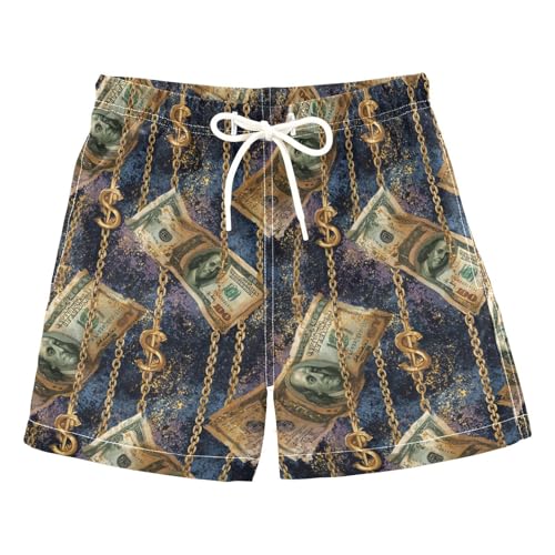 Selerdon Quick Dry Swim Trunks Us Dollars Gold Chain Classic for Boy Kids Summer Fashion Beach Shorts with Adjustable Waist and Side Pocket for Daily Wear Outdoor Play XS