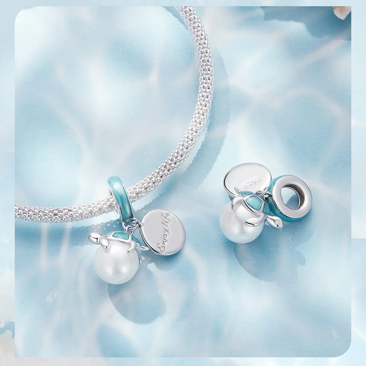 Image of ARTCHARM Sea Turtle Charms, on a white pearl Beads, Enjoy Life Charm,Ocean style 925 Sterling Silver Jewelry Gift for Women Girlfriend