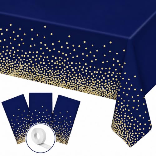 Image of Blue Orchards Blue and Gold Dots Table Cover (Pack of 3 with 20 Glue dots) - 54 inchx108 inch XL - Plastic Tablecloth, Anniversary, Wedding, Graduation Decoration, Picnic & Golden Birthday Party Supplies