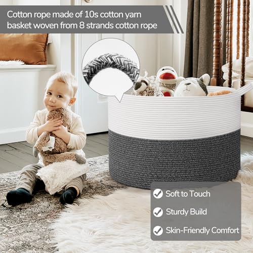 Image of INDRESSME 115L Extra Large Cotton Rope Blanket Basket, Woven Baby Laundry Baskets for Clothes Pillows Towel, Toy Baksets for Kids, White & Gray