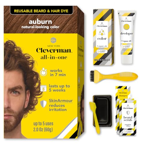 Reusable Hair & Beard Dye for Men – Auburn 7.04 | Up to 5 Uses, 7 Minutes | Natural Gray Coverage, No-Drip Cream with SkinArmour® – Cleverman