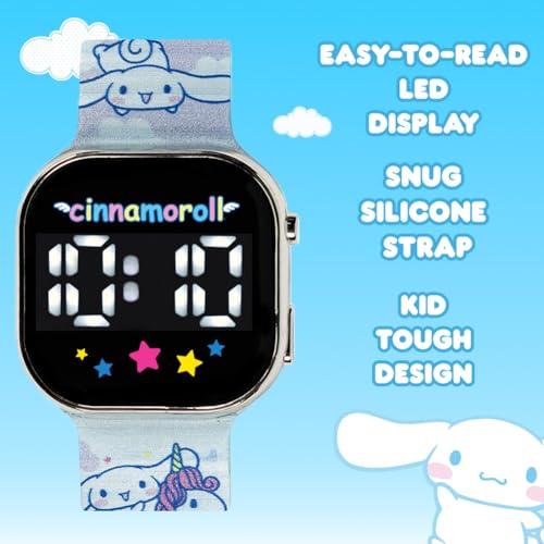 accutime cinnamoroll kids watch  led display square case adjustable plastic strap collectible tin  perfect for girls who love cute characters