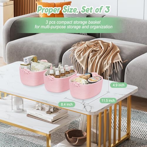 Image of Small Basket for Storage and Organization | Pink Gift Basket | Decorative Baskets for Gifts Empty | Cute Cat Dog Toy Box Organizer Basket | Woven Rope Basket for Home, Office, Desk | 3 Pack