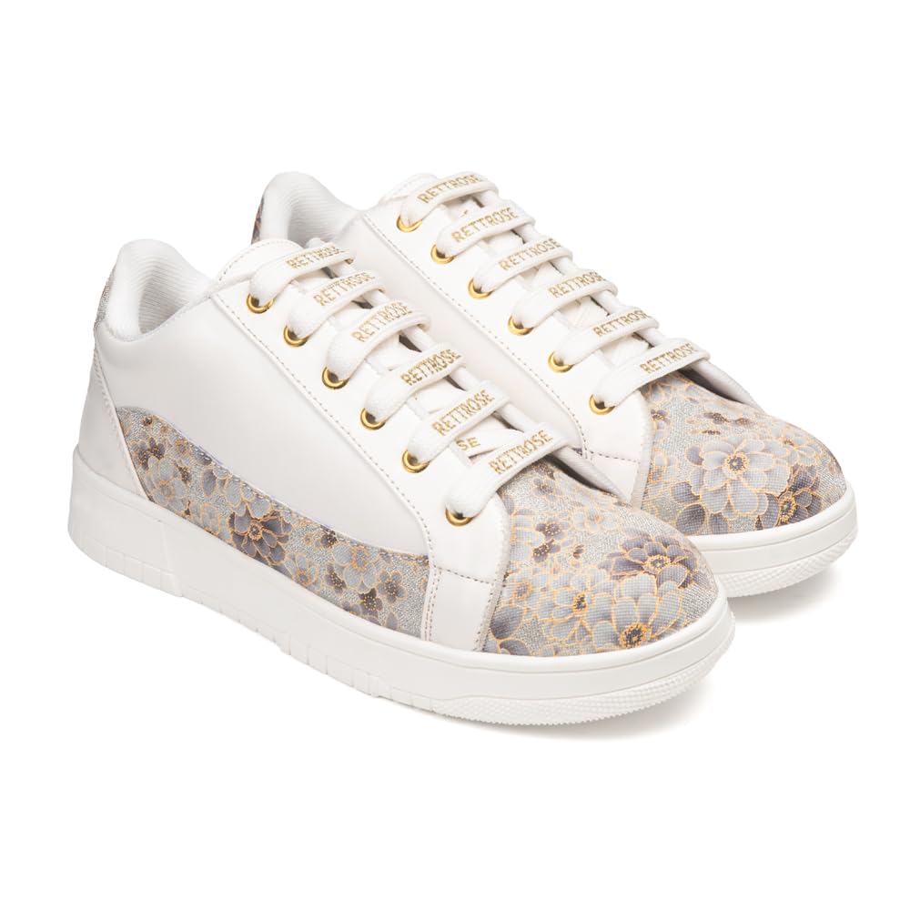 - The Mosaic Rose Luxury Embellished Casual Sneaker, White with Floral Pattern Shoe for Women