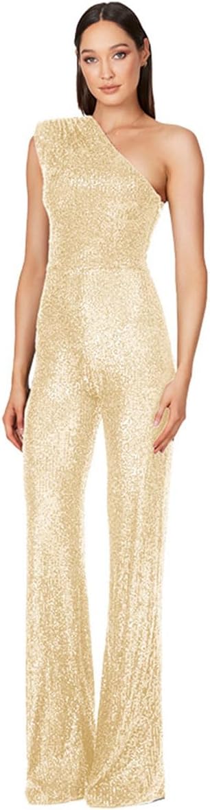Sequin Off Shoulder Sleeveless Jumpsuits Sparkly Sequin Rompers High Waisted Wide Leg Pants Suit