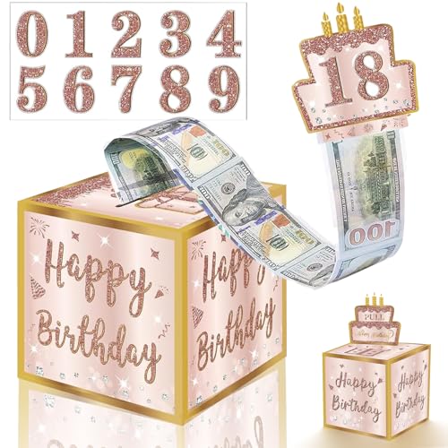 Novelty Birthday Money Box Cash Gift Pull with DIY Stickers for Any Age Surprise Money Gift Box with Pull out Happy Birthday Card and 30Pcs Transparent Bags Money Gift Box for Cash Gifts Girls Women