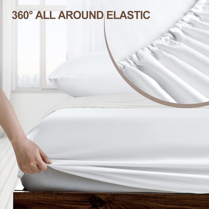 Image of Amazon Brand - Umi Cotton Feel Glace Cotton Fade Resistant Elastic Fitted Double Bed Bedsheet with 2 Pillow Covers Fits Upto 8 inches Mattress, Size- 72x72x10 Inches, White