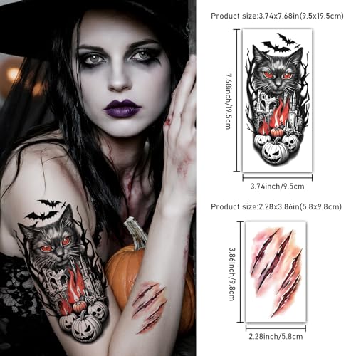Image of 77 PCS Halloween Temporary Tattoos Adult Kids, 17 PCS Half Arm Pumpkin Bat Crow Witch Skull Fake Tattoos, 60 PCS Spider Cat Ghost Scar Tiny Realistic Face Body Tattoos Stickers for Halloween Costume