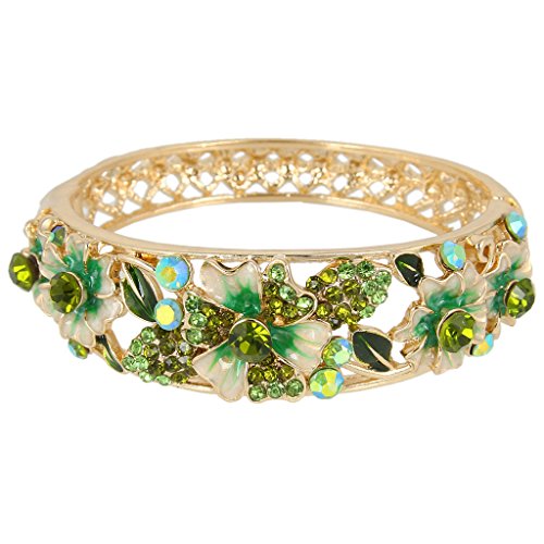 EleQueen Women's Gold-tone Austrian Crystal Enamel Flower Leaf Bangle Bracelet Green
