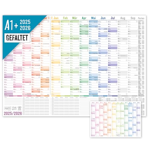Häfft® XXL Wandkalender Schuljahr 2025/2026 A1 + (89 x 63 cm) groß, gefaltet 'Rainbow' Schuljahreskalender, Schuljahresplaner - nachhaltig & klimafreundlich