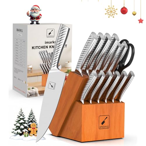 imarku 14-Piece Knife Set with Block, High Carbon Stainless Steel Kitchen Knives with Built-in Sharpener, Dishwasher Safe, Ergonomic Non-Slip Handle, Perfect for Home Cooks & Chefs, Brown