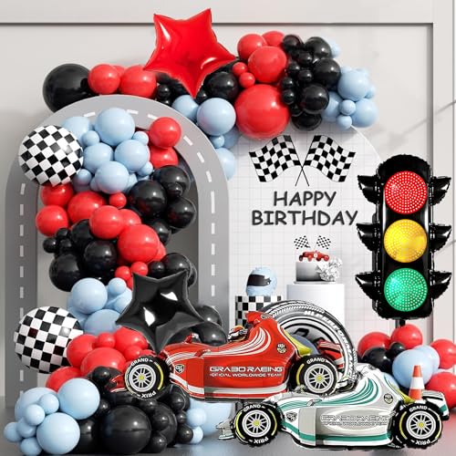 Image of Racing Theme Birthday Party Decoration Race Car Balloon Checkered Featuring Traffic Light Balloons Fast One Birthday Party Supplies