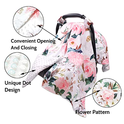 Image of DILIMI Car Seat Covers for Babies, Peekaboo Opening Infant Car Seat Canopy for Baby Boys Girls, 2 in 1 Mom Nursing Breastfeeding Covers, Minky Warm Carseat Canopy for Newborn, Pink Flower