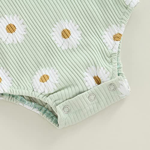 Newborn Baby Girl Spaghetti Strap Onesies Sleeveless Ribbed Knit Daisy Print Bodysuit Cute Summer Tank Romper (Green, 12-18 Months) #TOP4