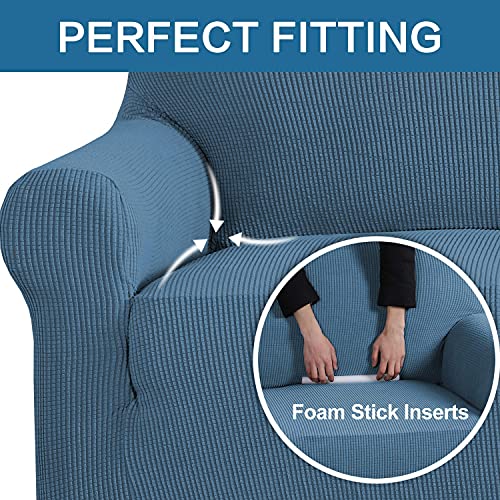 H.versailtex Stretch Loveseat Cover Bundles Sofa Slipcover, Furniture Protector, Plaid Pattern, Removable And Washable, Dusty Blue #TOP4