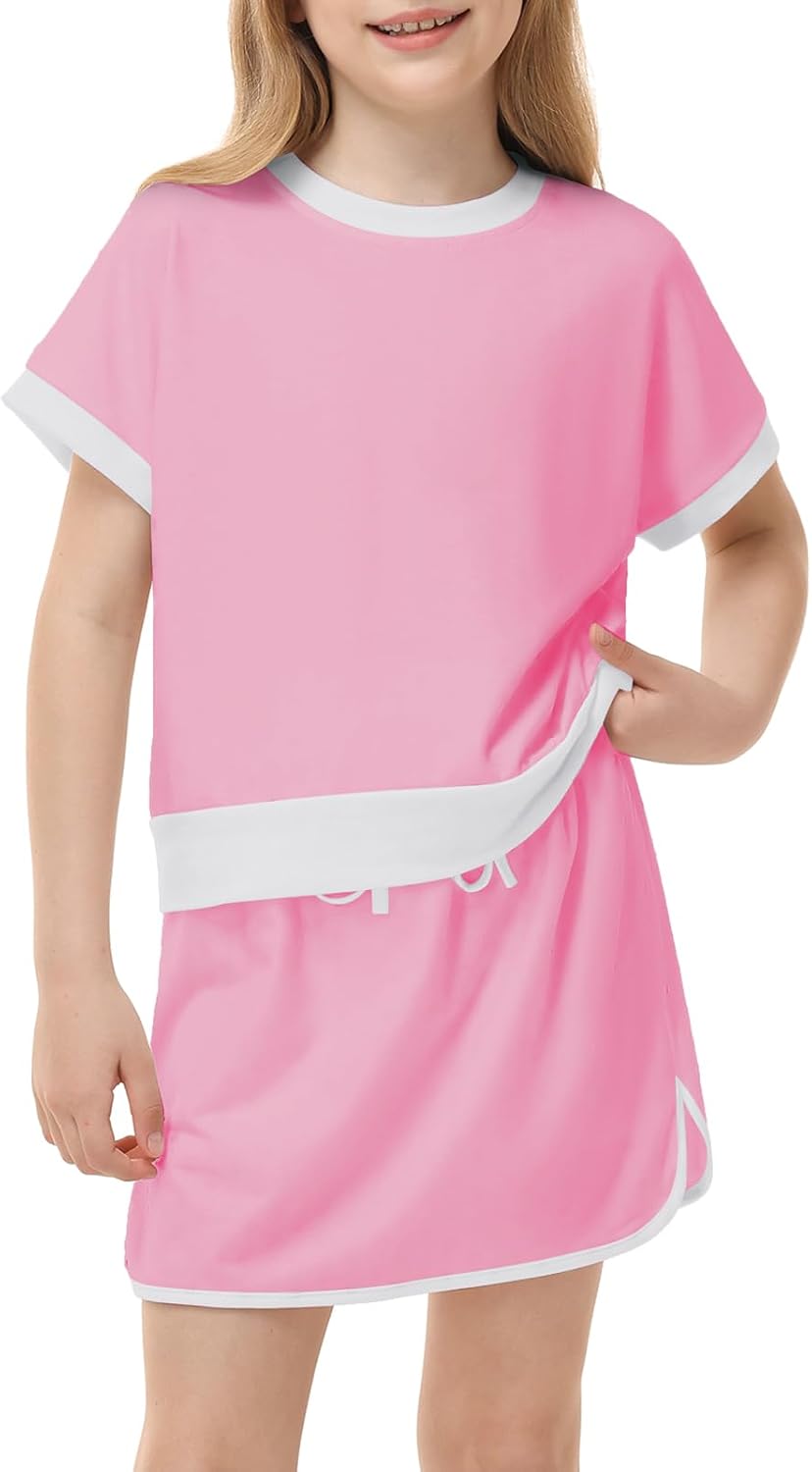 Girls 2 Piece Outfits Summer Short Sleeve Tops Skort Skirt with Built-in Shorts Set Casual Matching Sets
