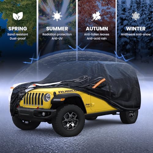 Image of Multi-Layer Car Cover Custom Fit for Jeep Wrangler 2 Door CJ YJ JK JL(1987-2026), 100% Waterproof All Weather for Automobiles, Gift with Towel, Heavy Duty Car Covers for Rain Sun UV Protection.
