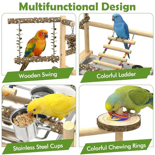 Bird Playground, Parrot Playstand Cockatiel Playground, Bird Play Stand with Feeder Cups, Swings, Ladder and Removable Tray, Parrot Perch Stand for Parakeet Conure Lovebird Budgie - Thumbnail 4