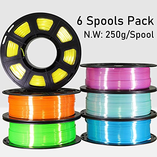 Image of 1.75mm Silk Shiny PLA Filament 6 in 1 Bright Colors Bundle Pack: Silk Yellow /Lime Green /Light Orange /Sky Blue /Pink /Cyan, Each Spool 250g, 6 Spools Packed, Total 1.5Kg 3D Printing Material MIKA3D