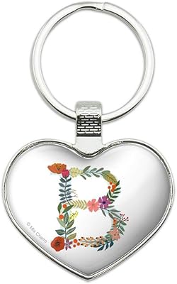 Letter B Floral Monogram Initial Keychain Heart Love Metal Key Chain Ring