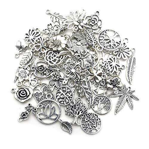 Youdiyla 100pcs Mix Silver Tree Flower Charms Collection, Bulk Mini Small Little Charms Metal Pendant Craft Supplies Findings for Necklace and Bracelet Jewelry Making (HM291) - Thumbnail 5
